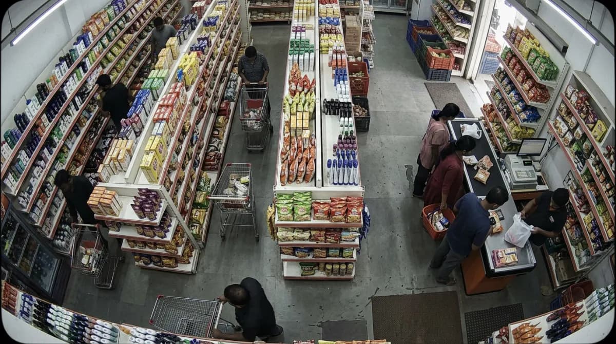 Top-down security camera view of supermarket aisles and a billing counter