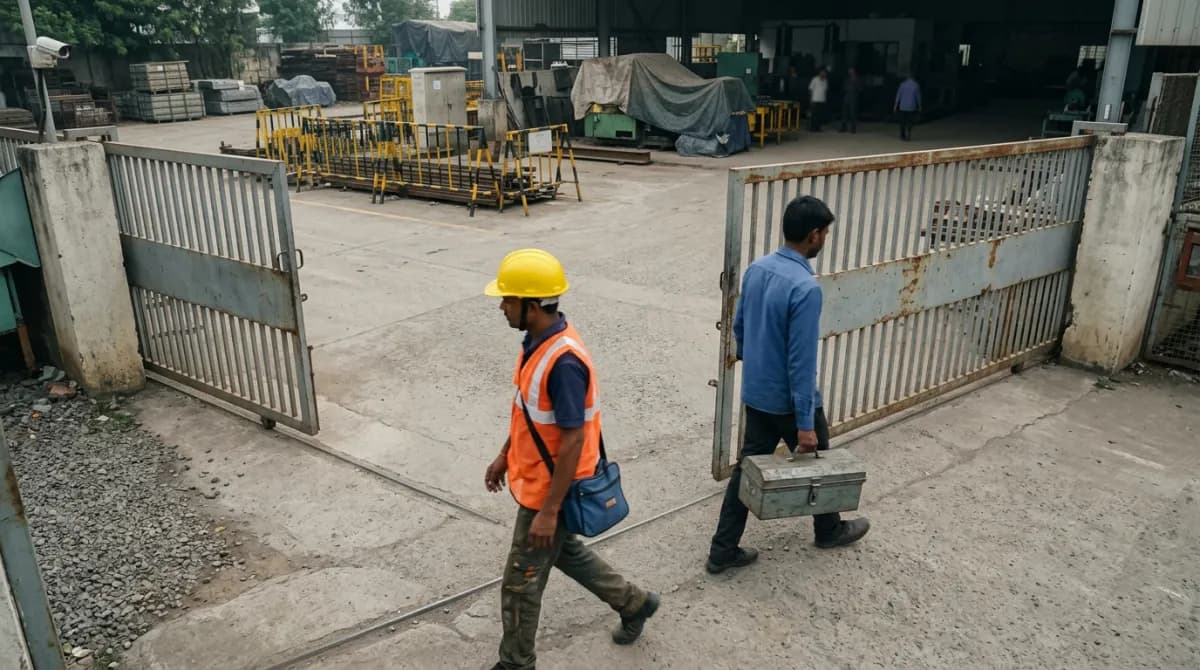 Security camera view of two workers at a factory gate, one in a hard hat and hi-vis vest, one without