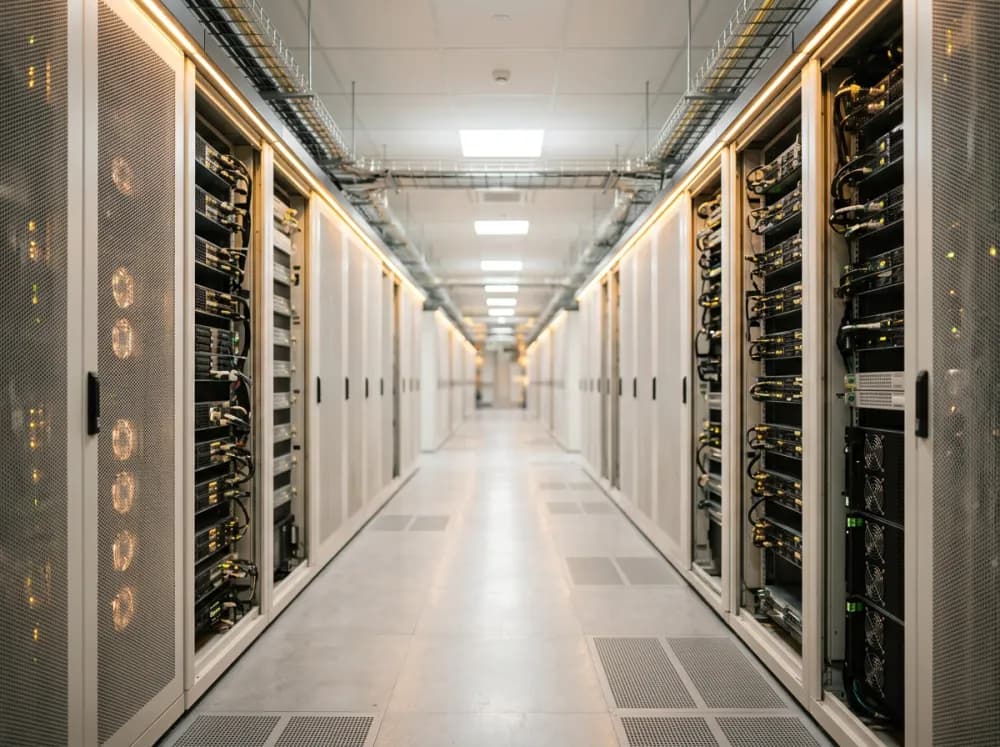 A bright data centre aisle with warm-lit server racks