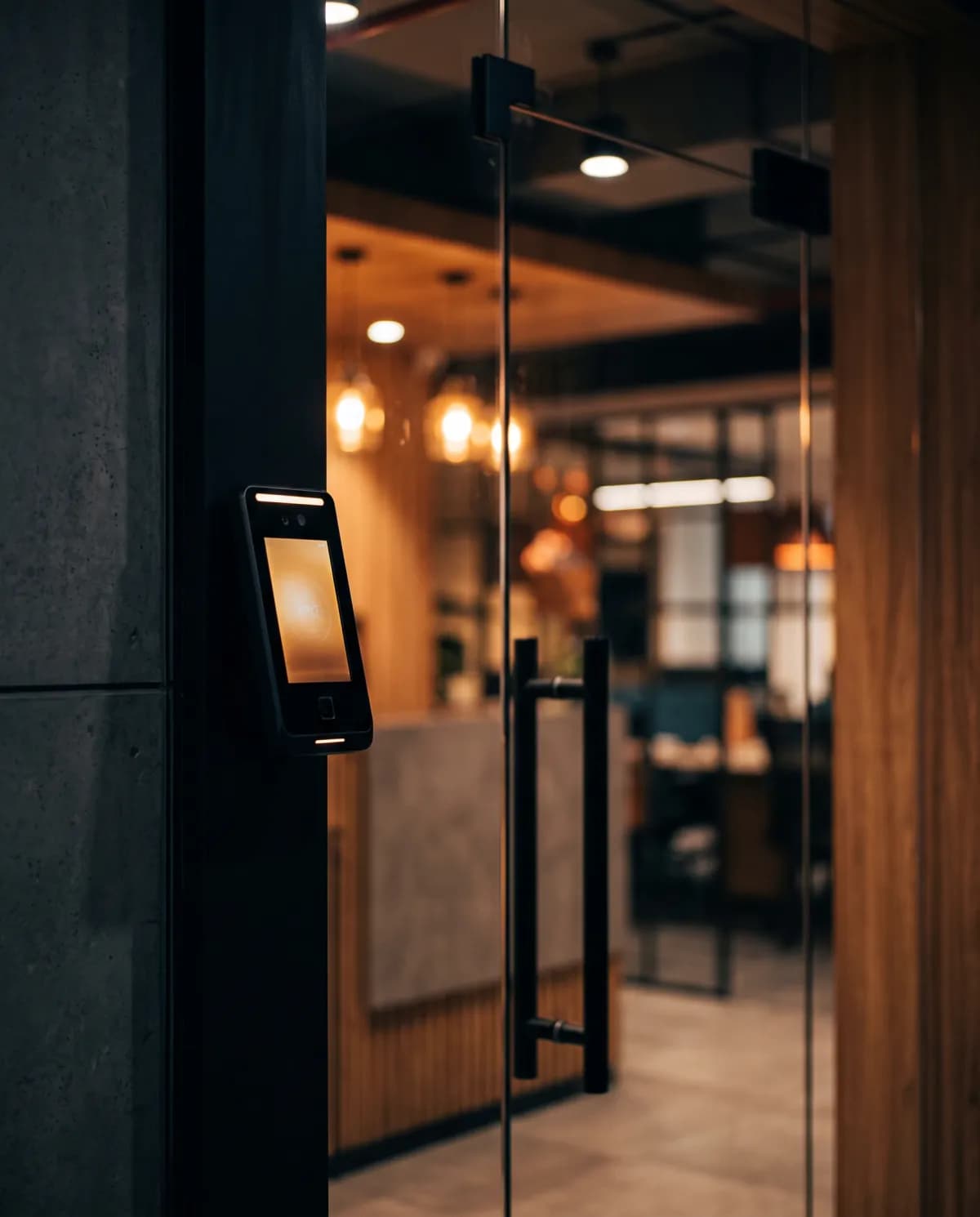 Face-recognition access reader beside a glass office door at night