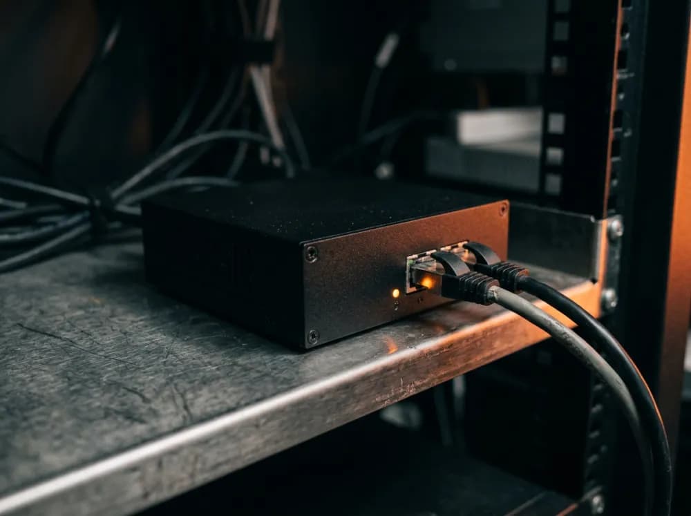 A compact edge recorder on a rack shelf with a single orange status light