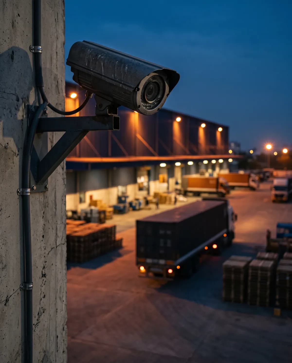 Bullet camera overlooking a warehouse loading yard at dusk