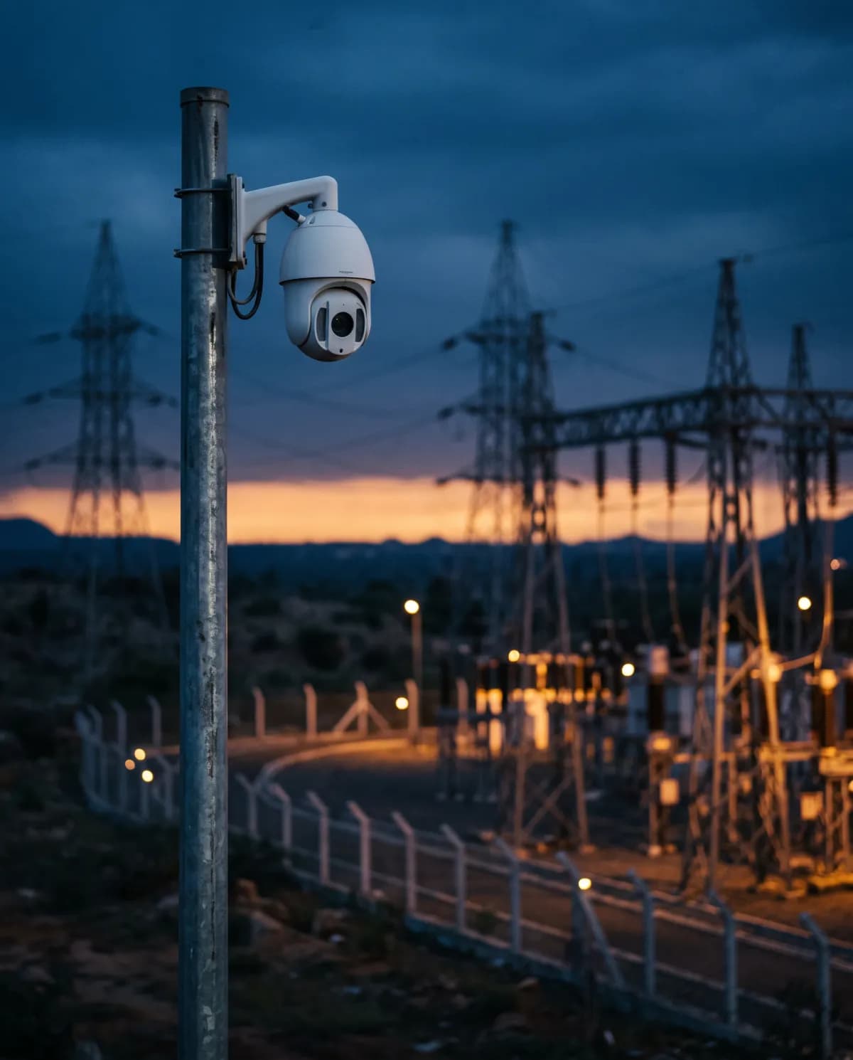 PTZ camera on a pole watching a substation perimeter at dusk