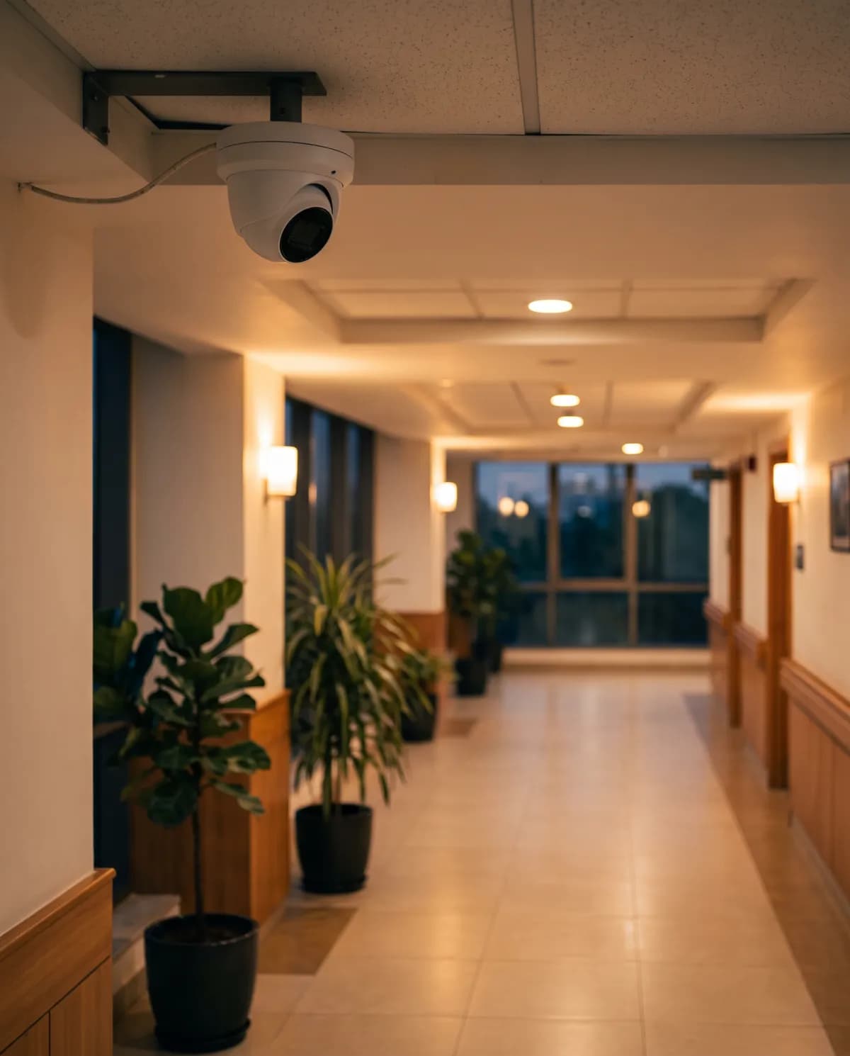 Ceiling turret camera above a calm campus corridor