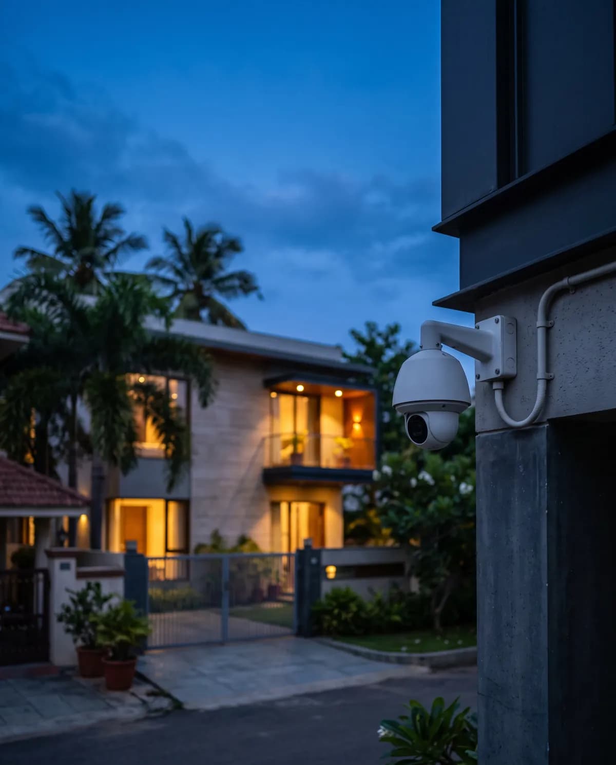 Dome security camera on the corner of a Chennai villa at dusk