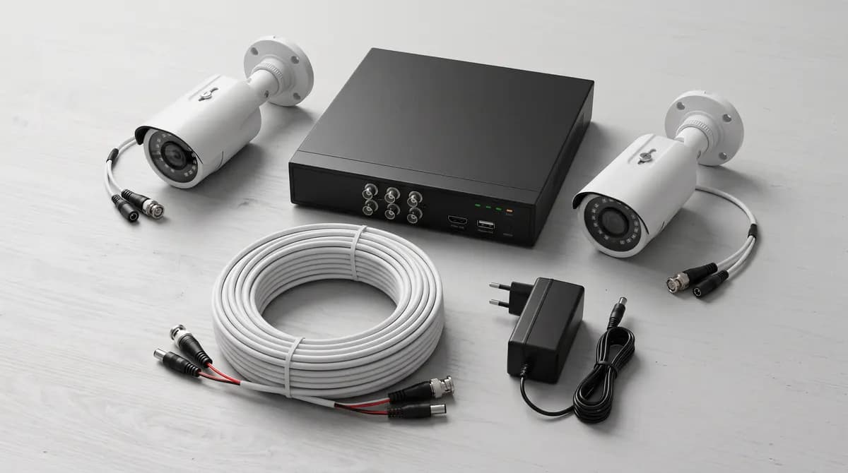 Analog CCTV kit with two bullet cameras, a DVR, coax cable and a separate power adapter