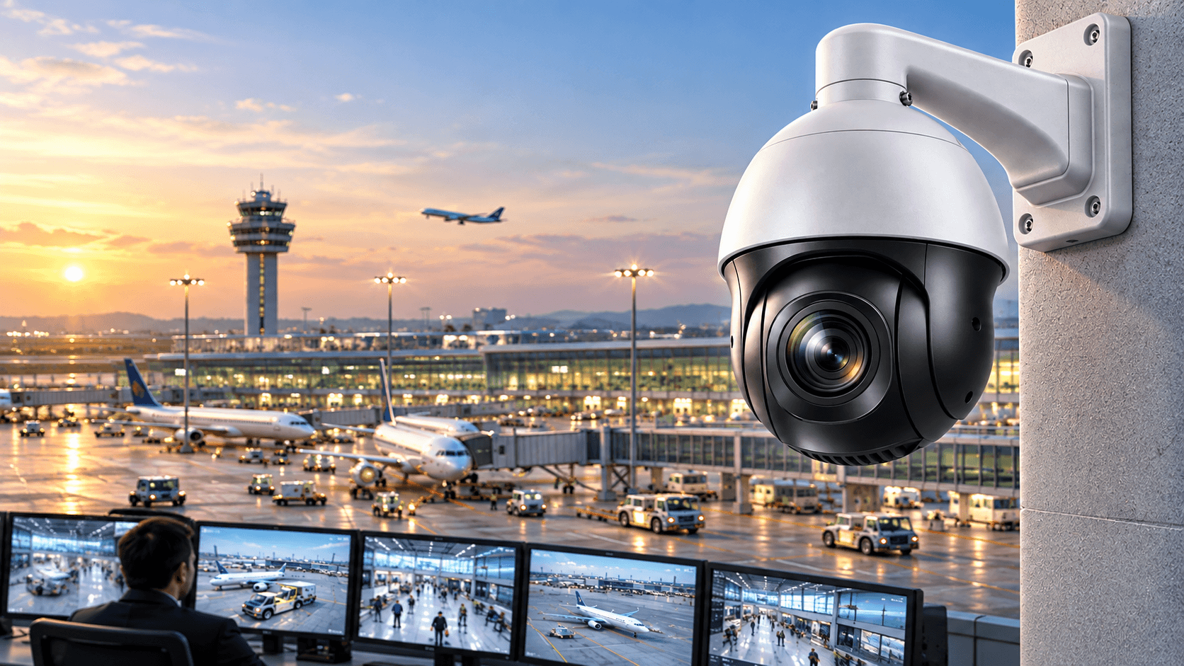 PTZ IP security camera in its installation setting