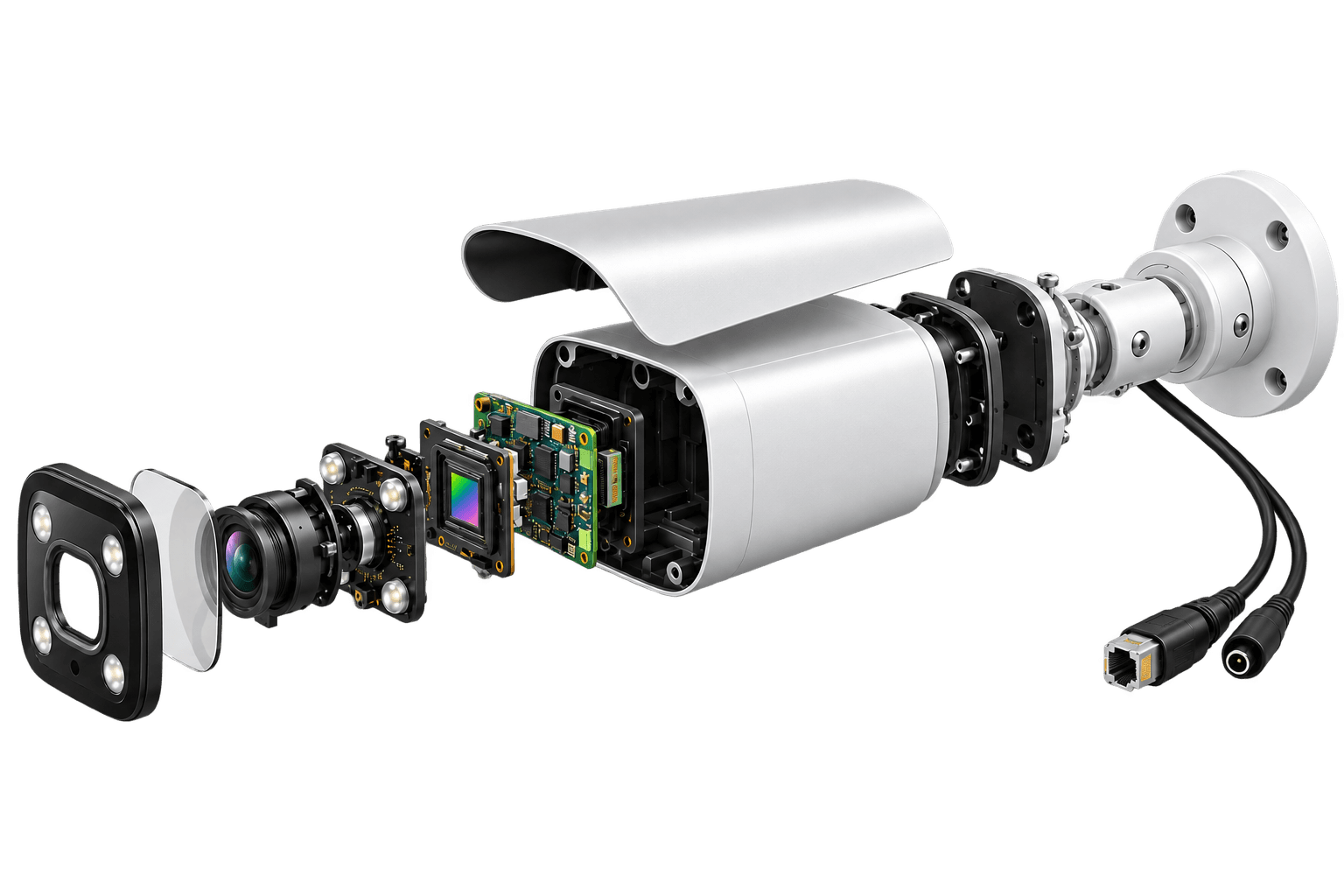 Exploded view of an IP bullet camera showing the lens, infrared LEDs, image sensor, processing board, weatherproof housing, mounting bracket and PoE network port