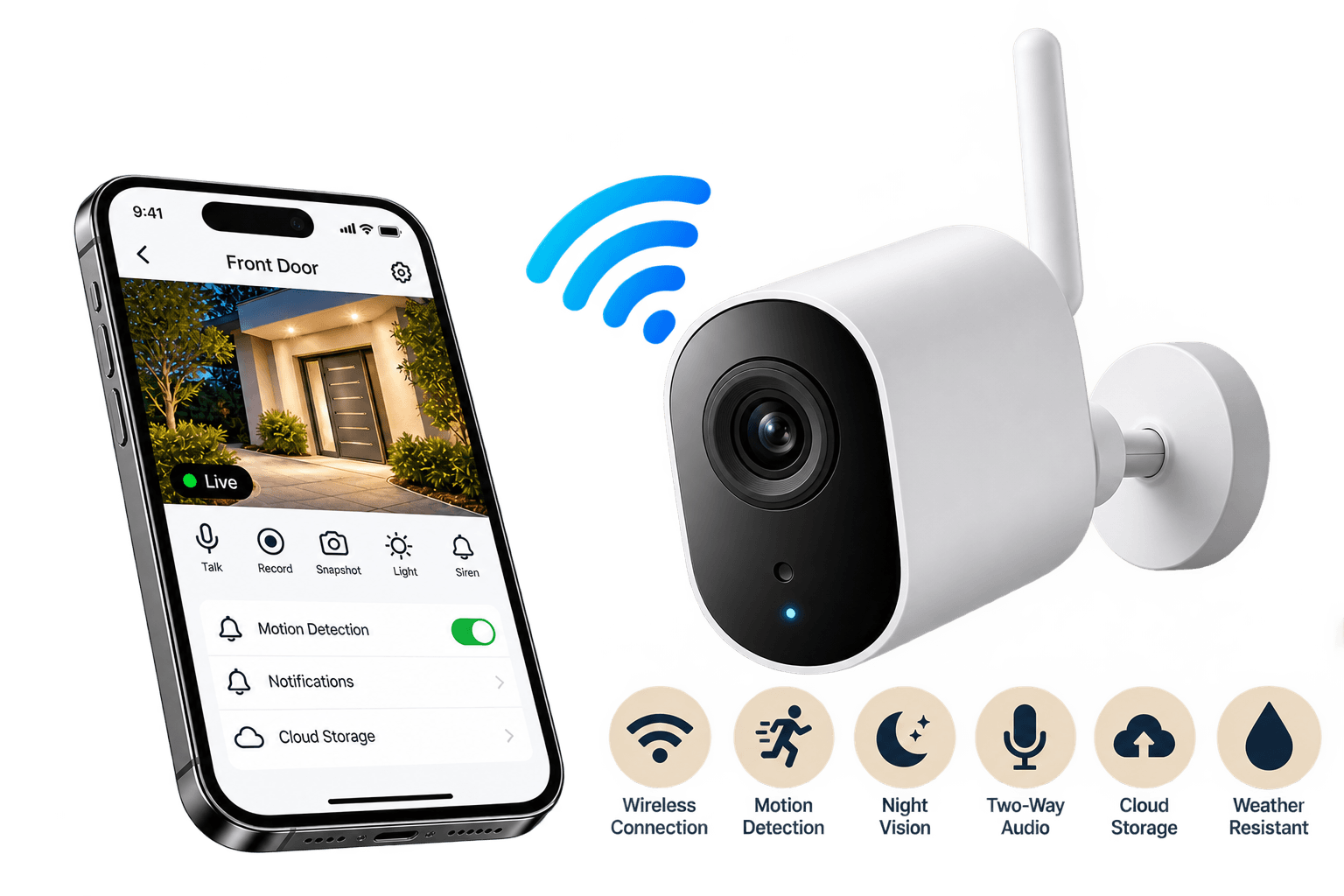 WiFi security camera installation showing a wireless camera mounted on a wall with a phone displaying the live feed