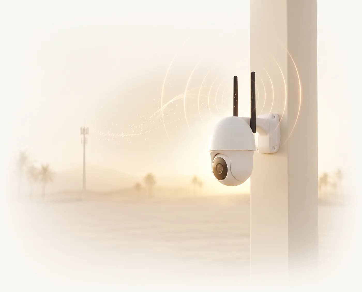 A white 4G SIM PTZ security camera on a pillar, its signal rippling as golden light toward a distant cell tower