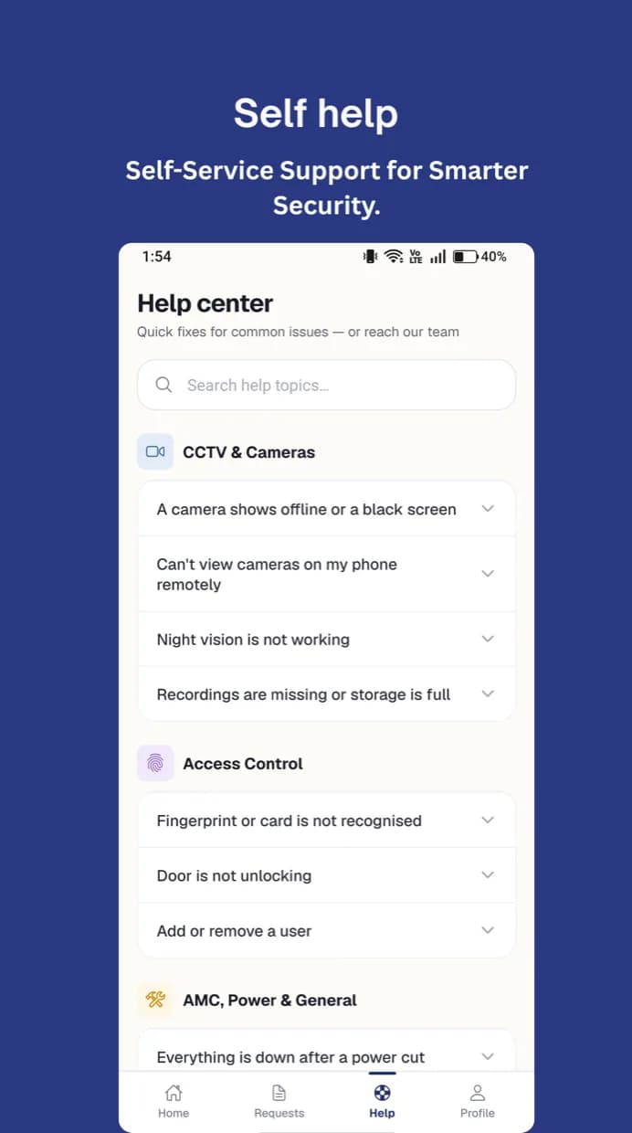 Waei Support app help centre — searchable quick fixes for cameras, access control, AMC and power issues.