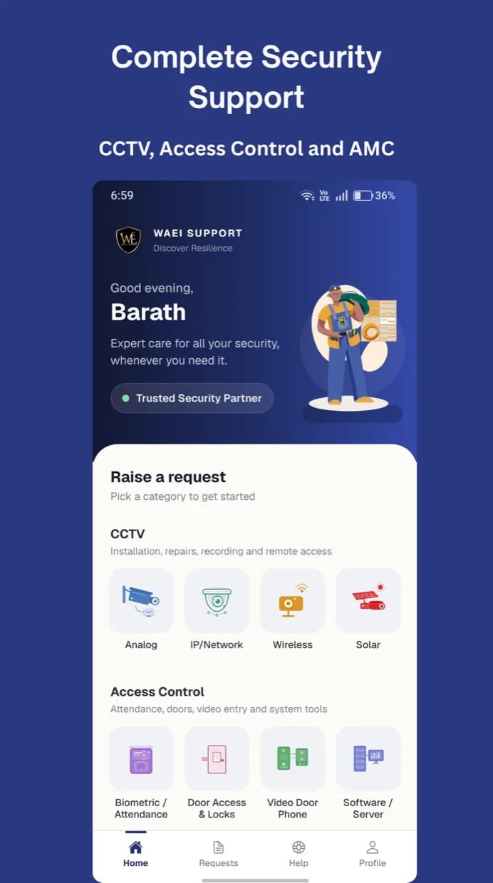 Waei Support app home screen — pick a category to raise a request, from analog and IP CCTV to biometric attendance and door access.
