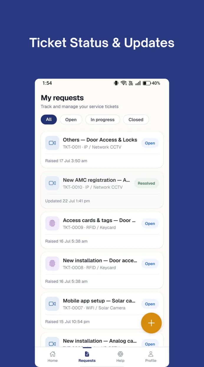 Waei Support app requests list — every service ticket with its status, filtered by open, in progress or closed.