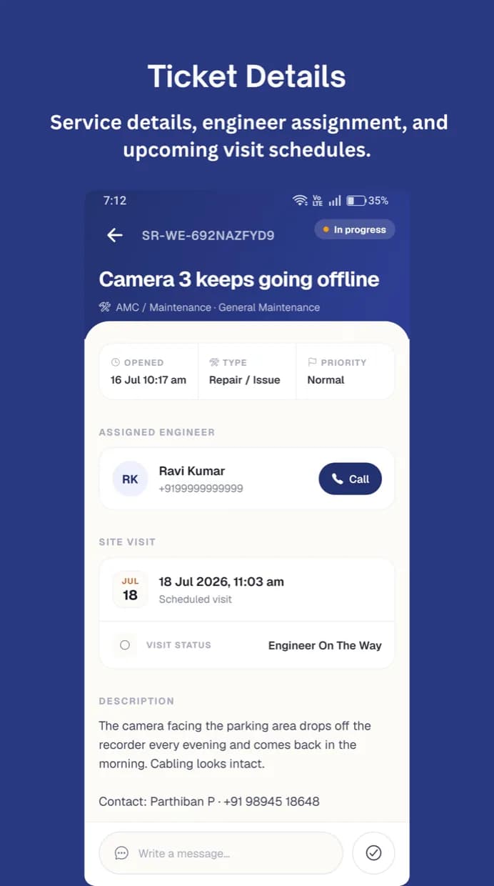 Waei Support app ticket detail — assigned engineer with a call button, the scheduled site visit and the request description.