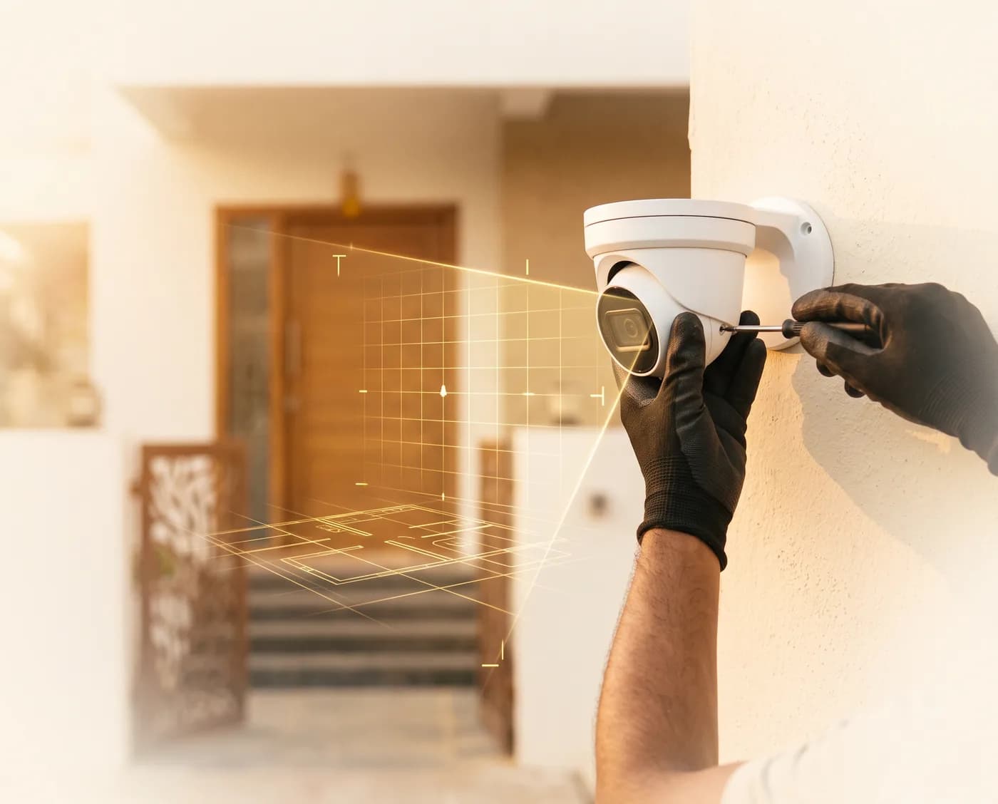 A technician's gloved hands fixing a white turret camera beside a home's entrance, its field of view drawn in golden light across the steps