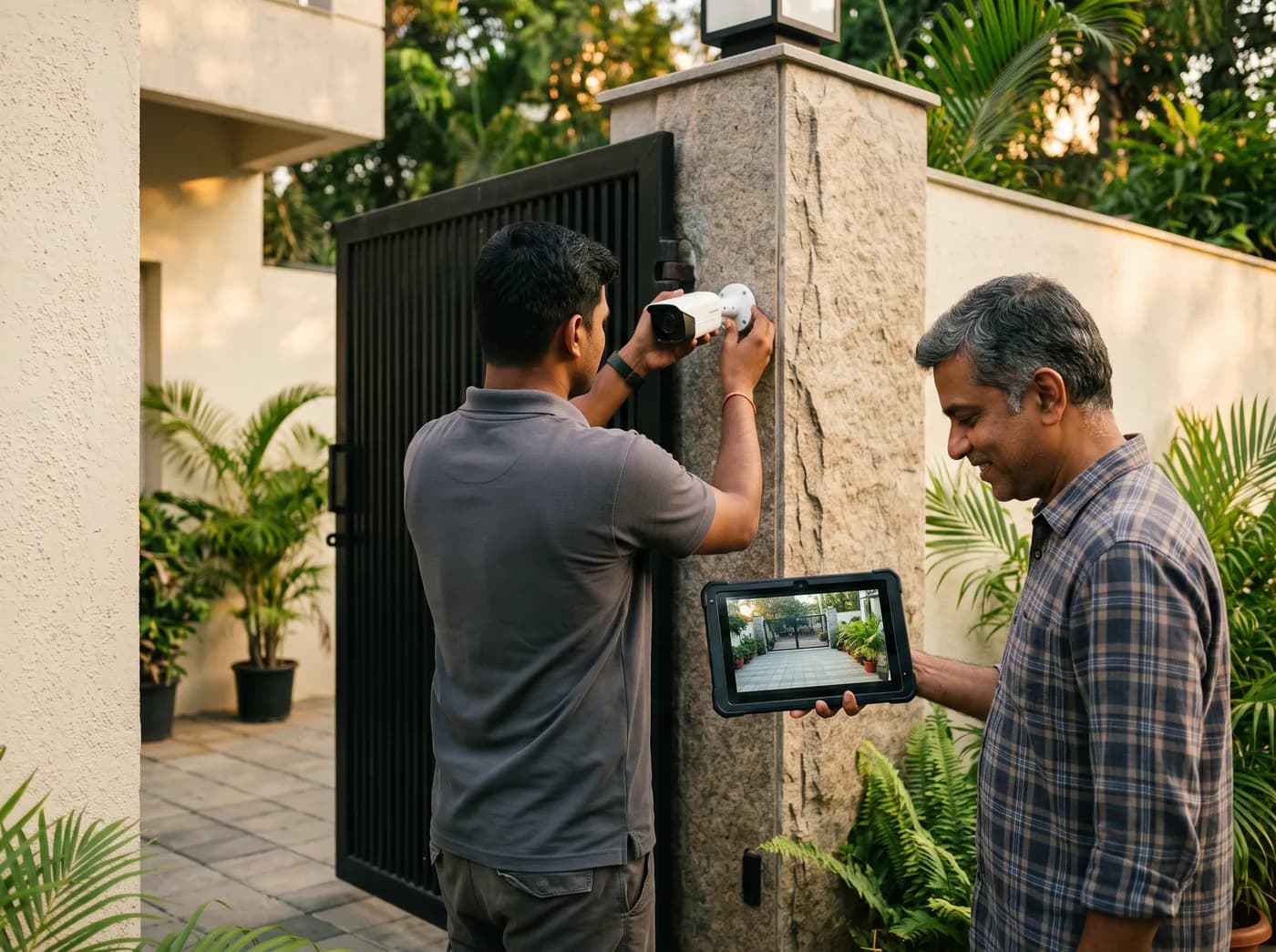 A Waei engineer holds a test camera to a home's gate pillar while the owner checks the live view on a tablet
