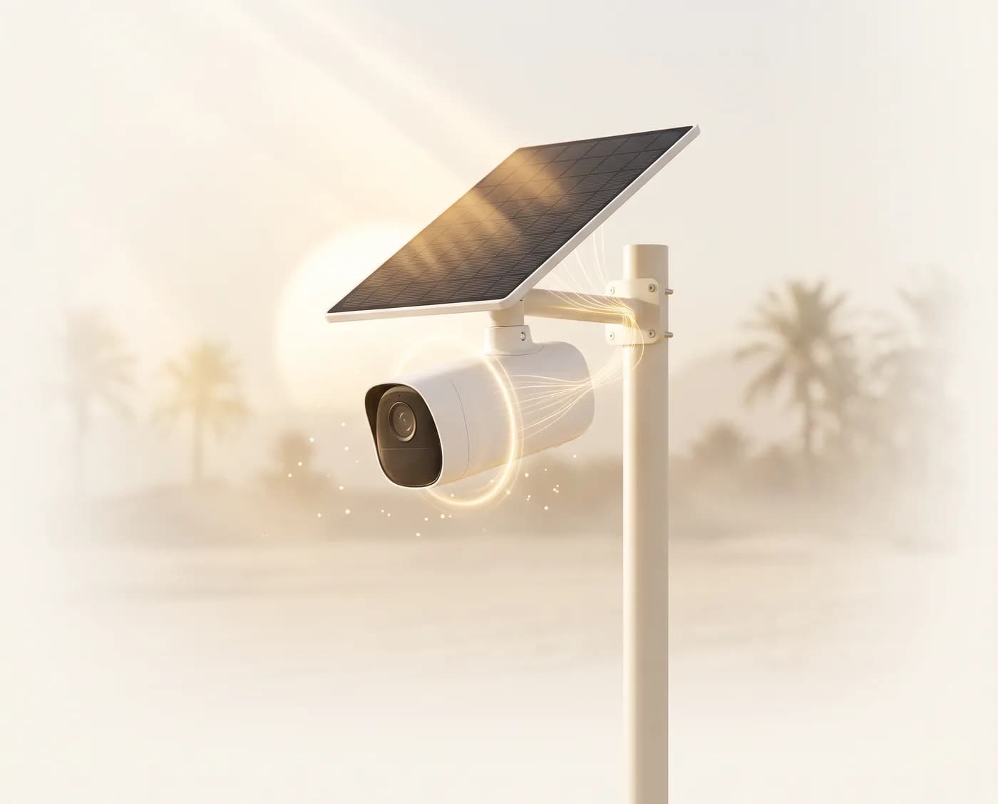 A white solar-powered security camera under an angled solar panel, sunlight flowing as golden light from the panel into the camera