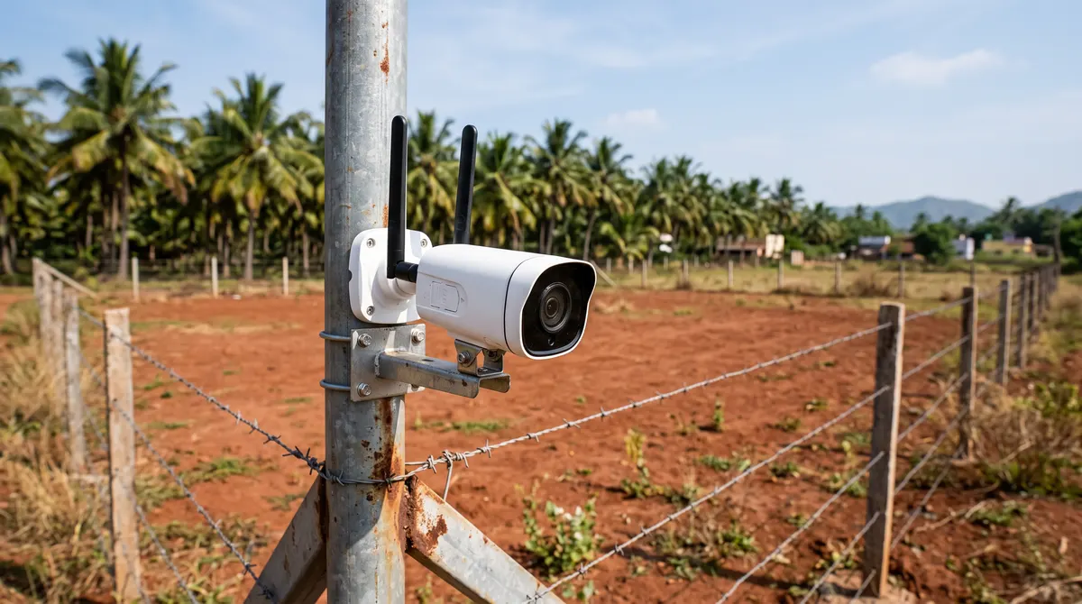 4G SIM card CCTV camera with antennas on a pole at a fenced plot in rural Tamil Nadu
