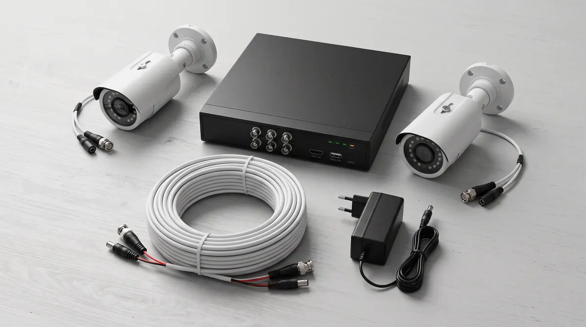 Analog HD CCTV kit with two bullet cameras, a DVR, 3+1 cable with BNC connectors and a power supply