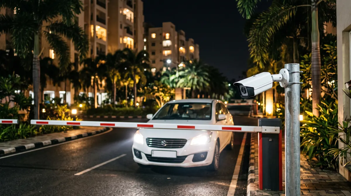 ANPR number plate recognition camera beside a boom barrier at an apartment gate at night