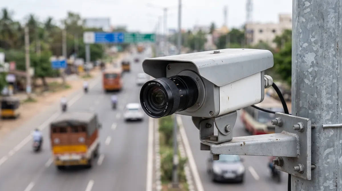 Box CCTV camera with a separate varifocal lens inside an outdoor housing on a pole
