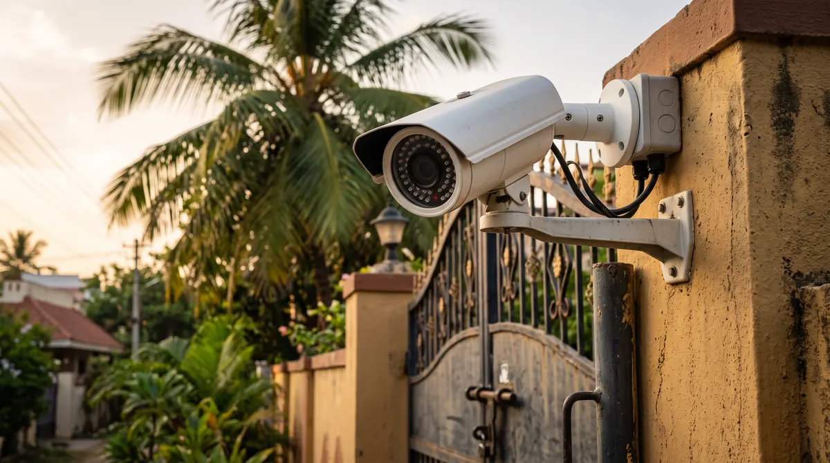 Bullet CCTV camera with infrared LEDs on a wall bracket beside the gate of a house in Chennai