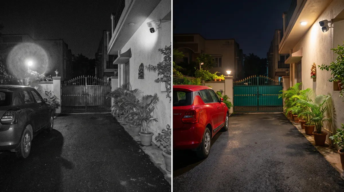 The same driveway at night in black-and-white infrared on the left and in colour on the right