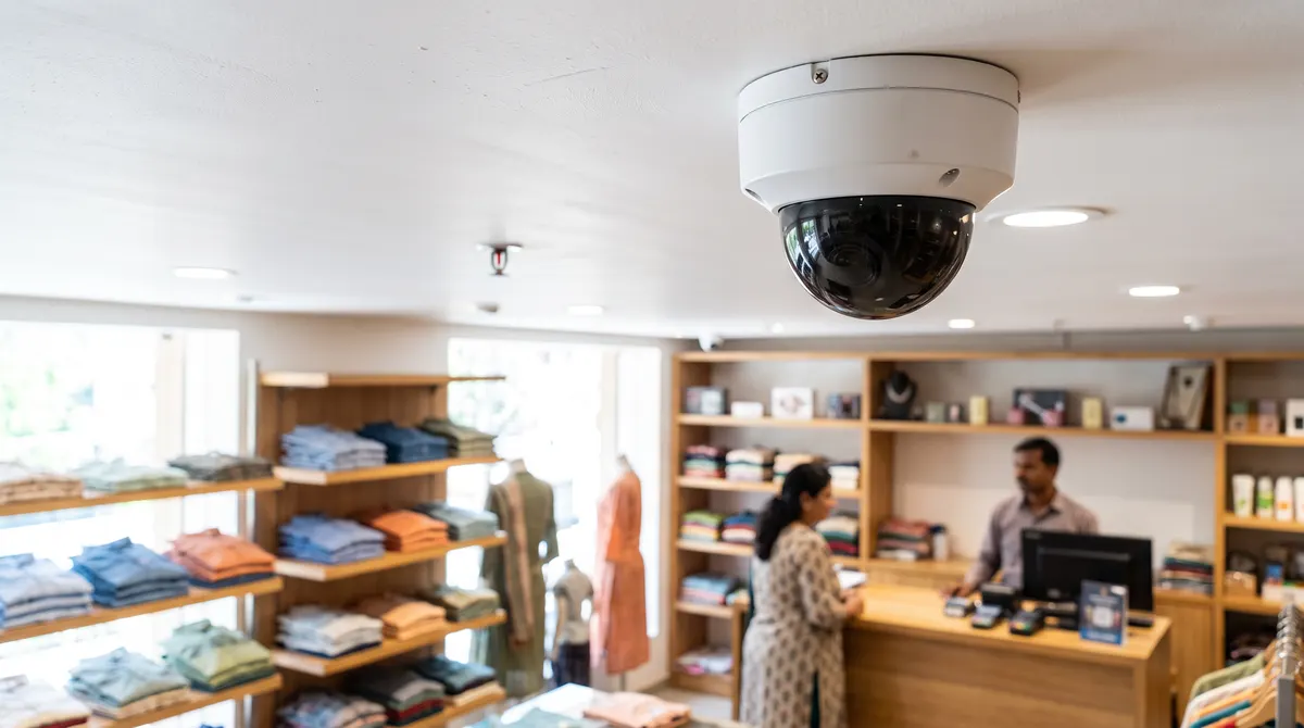 Dome CCTV camera with a tinted cover on the ceiling of a retail shop
