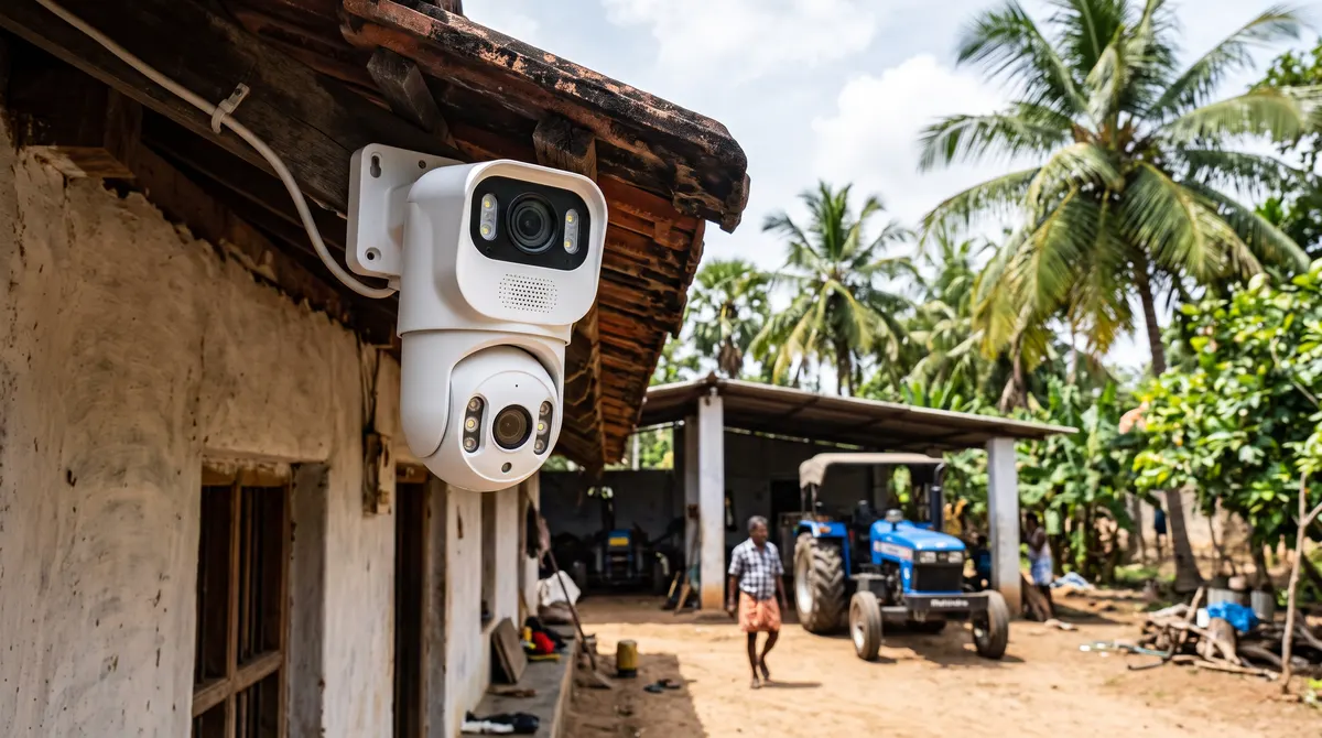 Outdoor dual-lens security camera under the eaves of a farmhouse