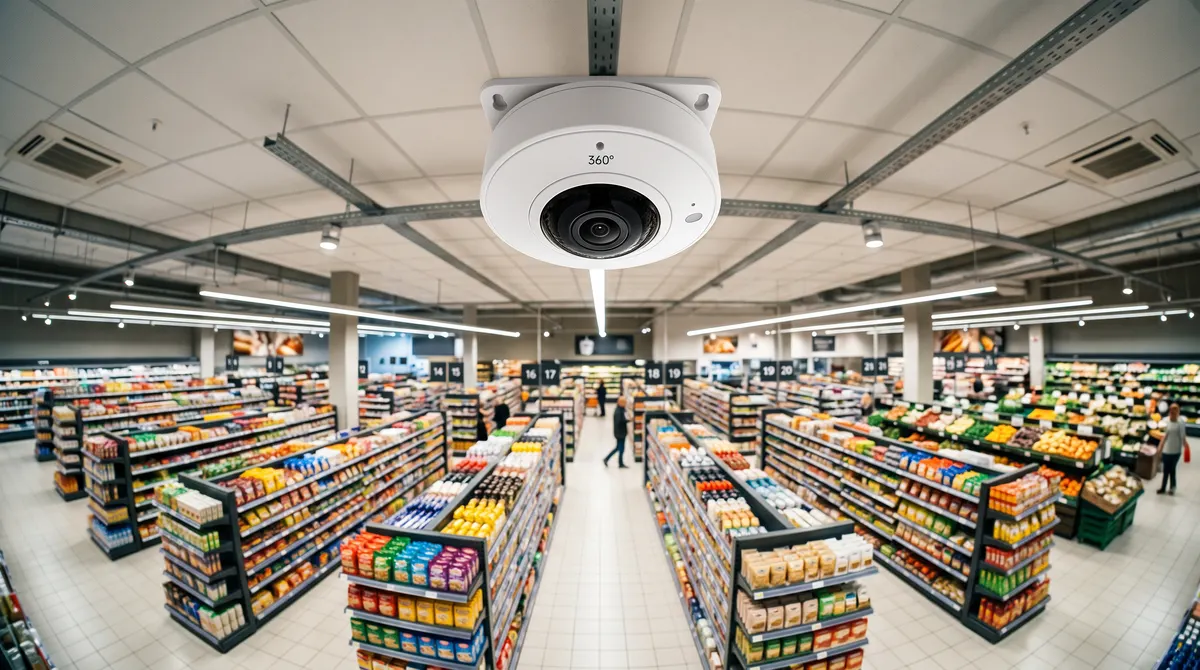 Fisheye 360-degree CCTV camera on the ceiling of a supermarket