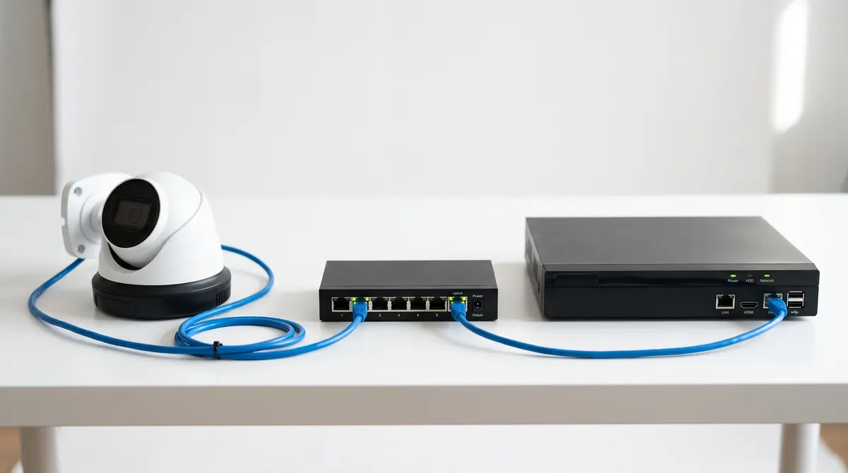 IP turret camera connected by Cat6 cable to a PoE switch and an NVR