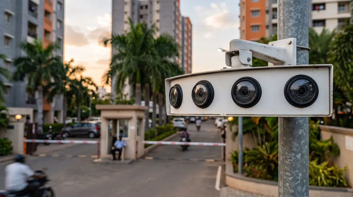 Multi-sensor panoramic CCTV camera on a pole at the entrance of a gated community