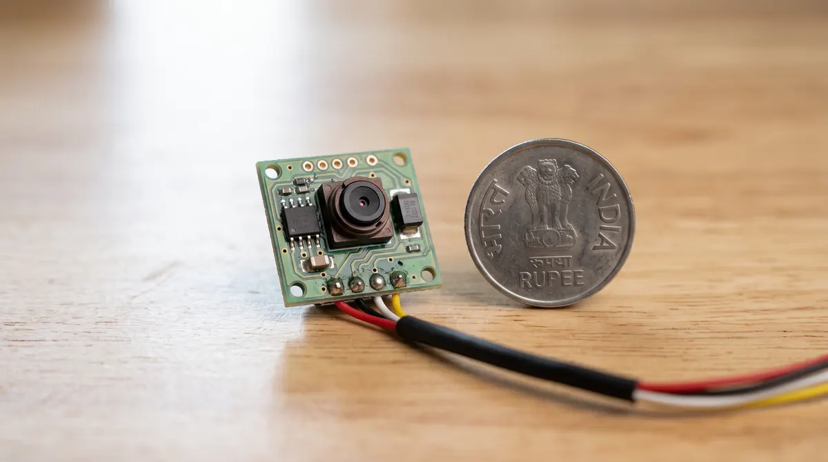 Tiny pinhole board camera module next to a one-rupee coin