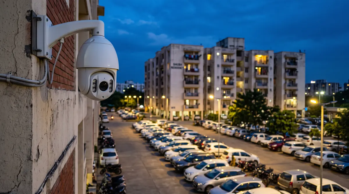 PTZ pan-tilt-zoom CCTV camera overlooking an apartment complex parking lot at dusk