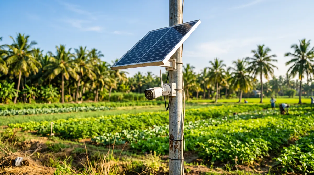 Solar-powered wireless CCTV camera with its own panel on a pole in a farm field