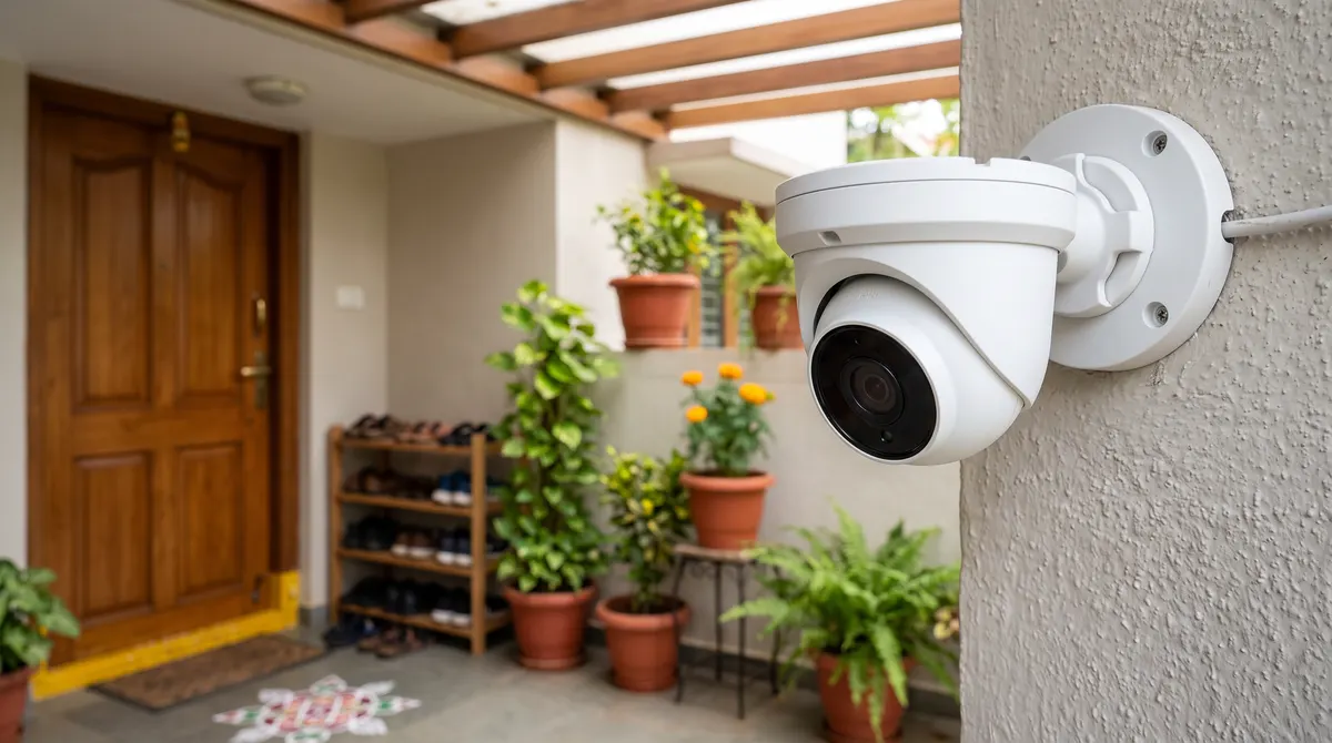 Turret eyeball CCTV camera on the wall of a home's front porch