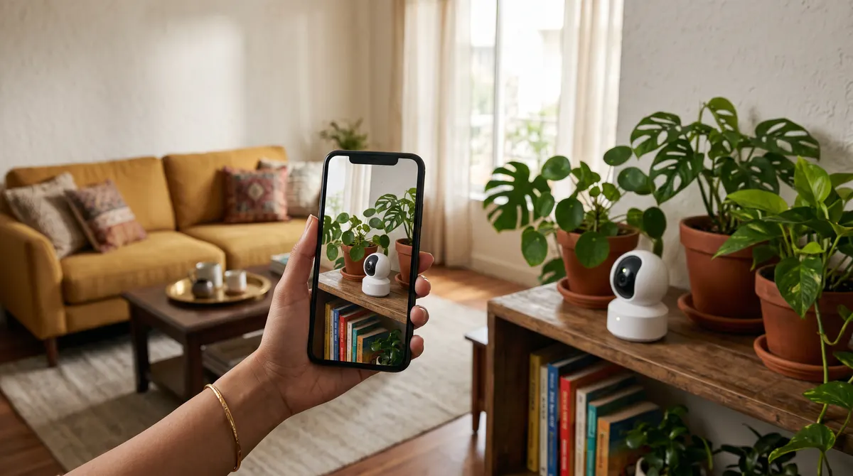 Indoor WiFi pan-tilt security camera in a living room, with live view on a smartphone